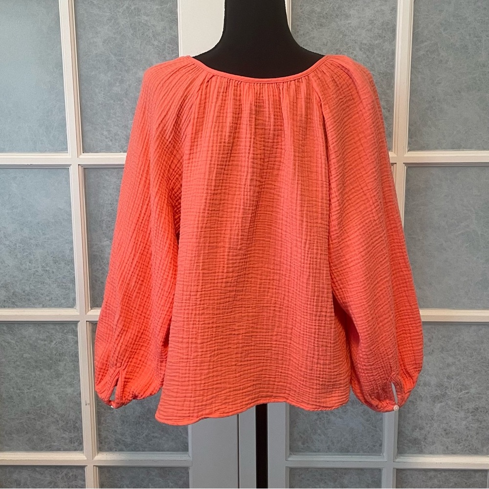 Universal Thread Size Large Gauzy Balloon-Sleeve Popover Blouse Coral Red Boho - Picture 2 of 6